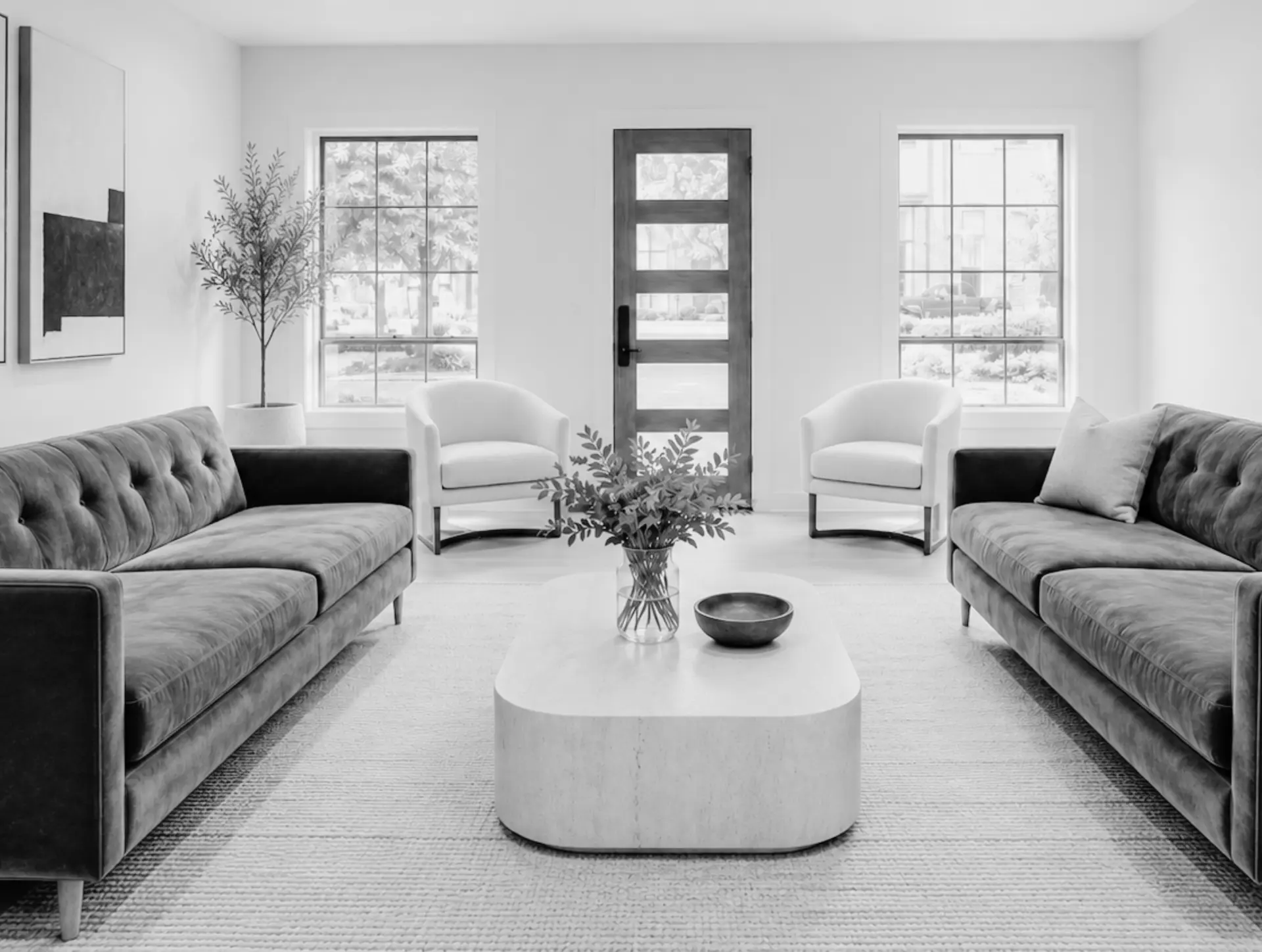 The waiting lounge at The Therapist's Den in Nashville, with velvet sofas and natural light