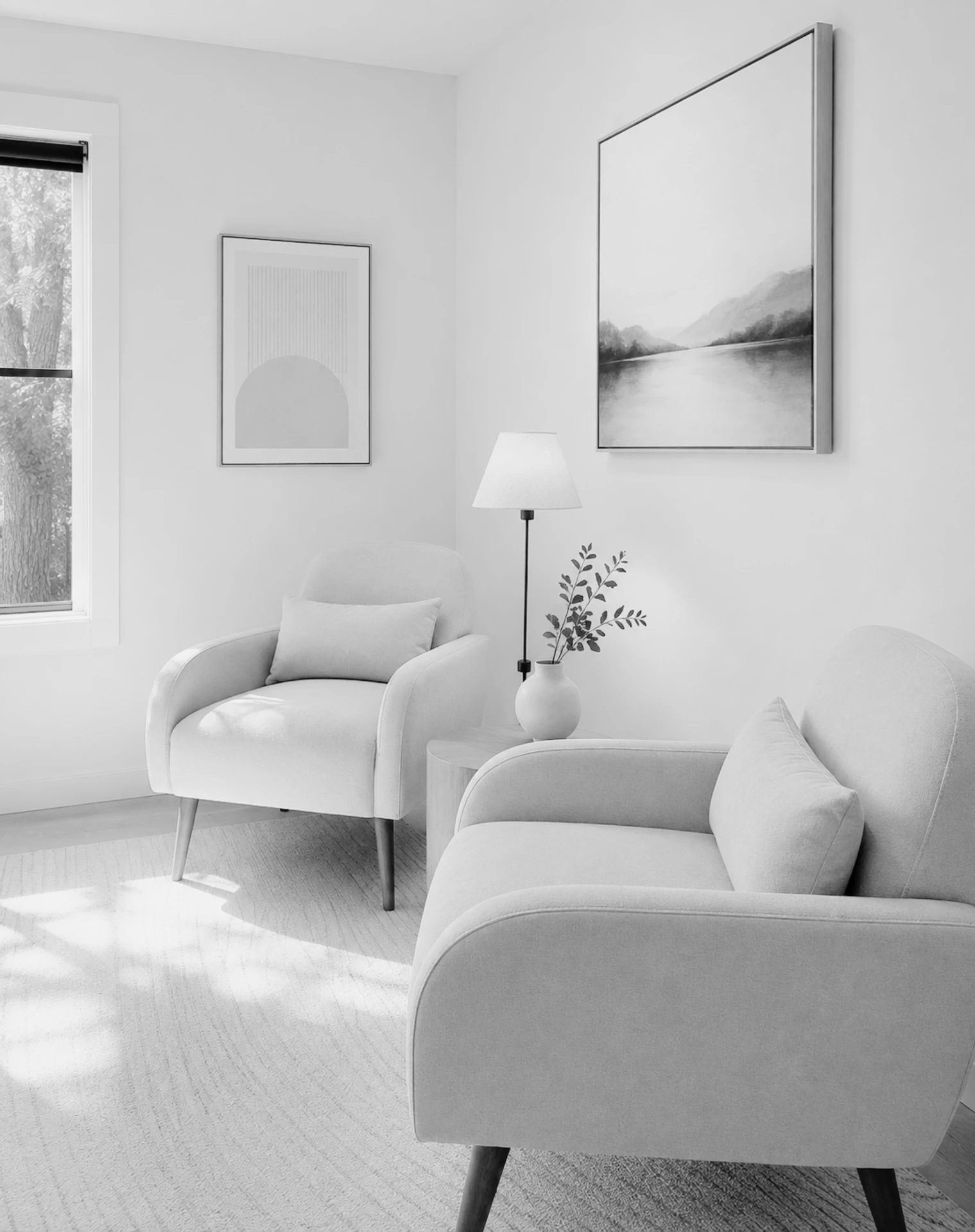 A therapy room at The Therapist's Den with two chairs and soft daylight