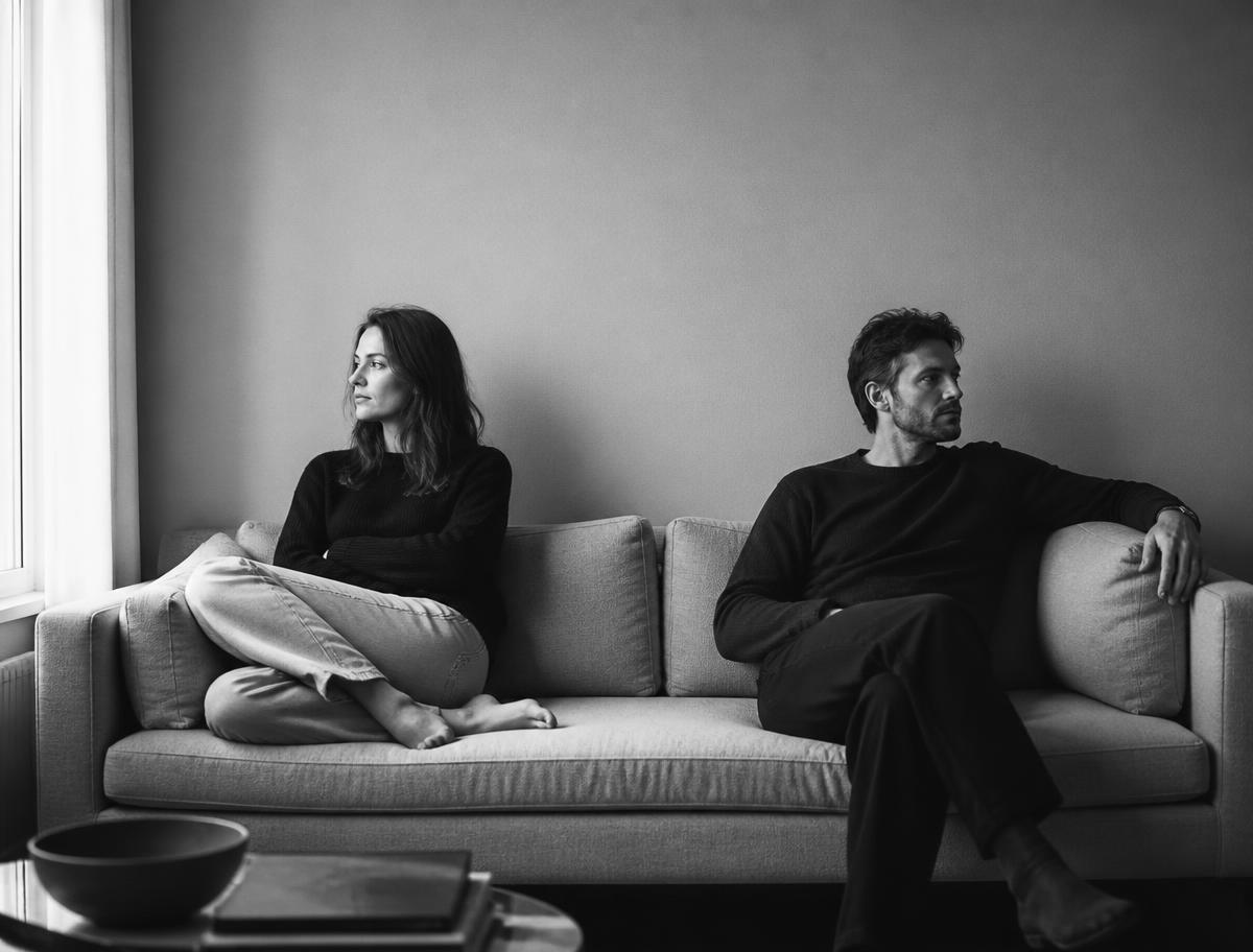 A couple seated on a sofa in a quiet living room