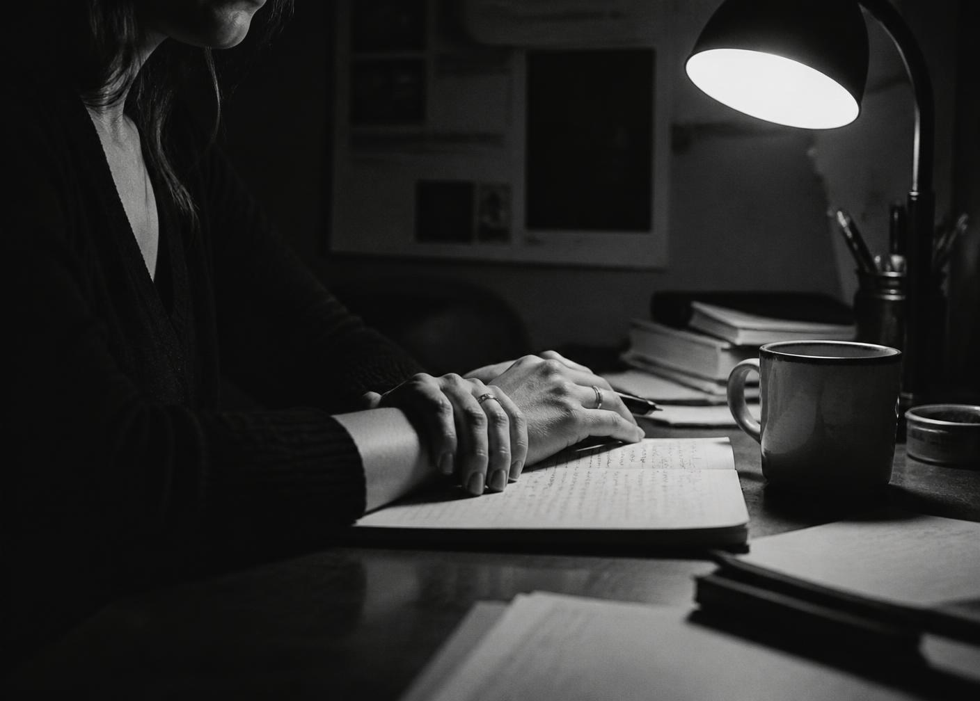 Hands resting on a notebook at a desk late at night