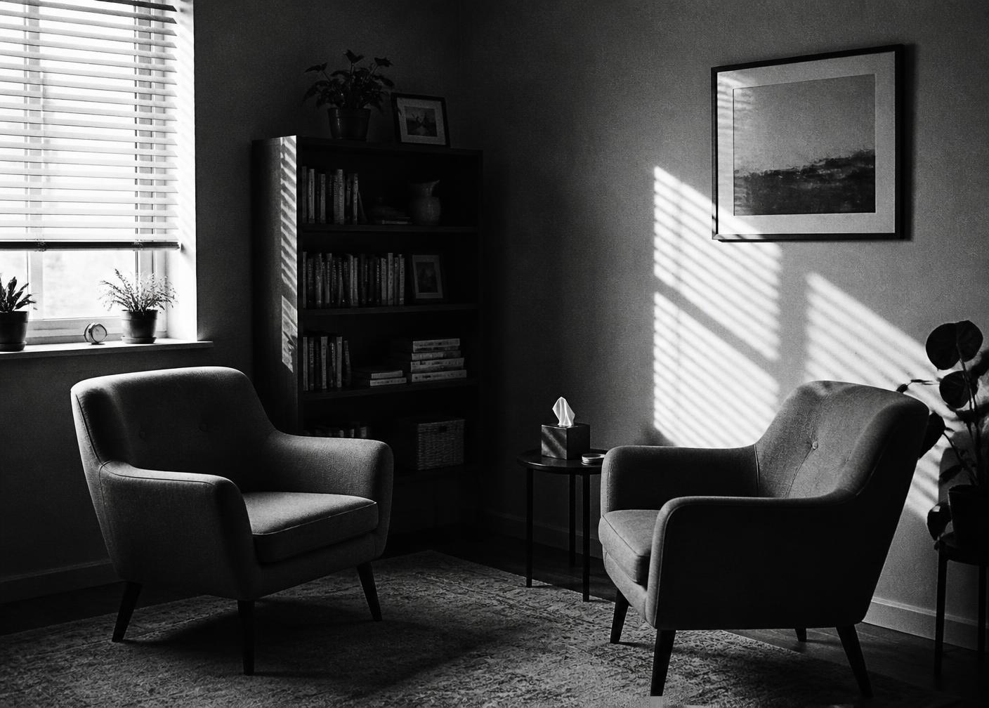 Two armchairs facing each other in a quiet therapy room